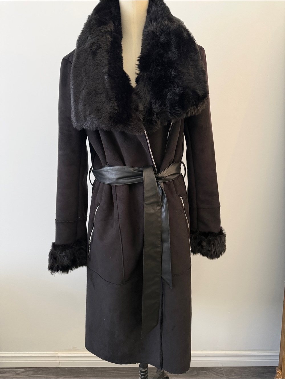 DKNY Black Faux Fur Trim Long Coat with Belt